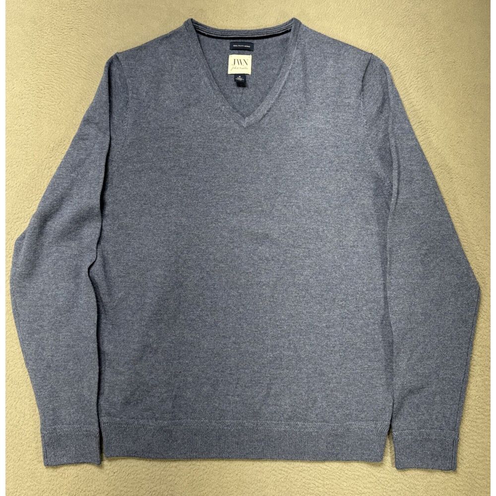 JWN 100% Italian Merino Wool Mens M V-Neck Sweater Blue Preppy School Minimalist